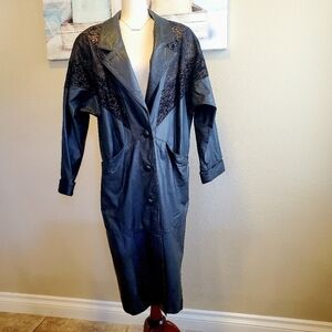 Vintage Leather 47" Trench w/ Botanical Print Shoulder sz M